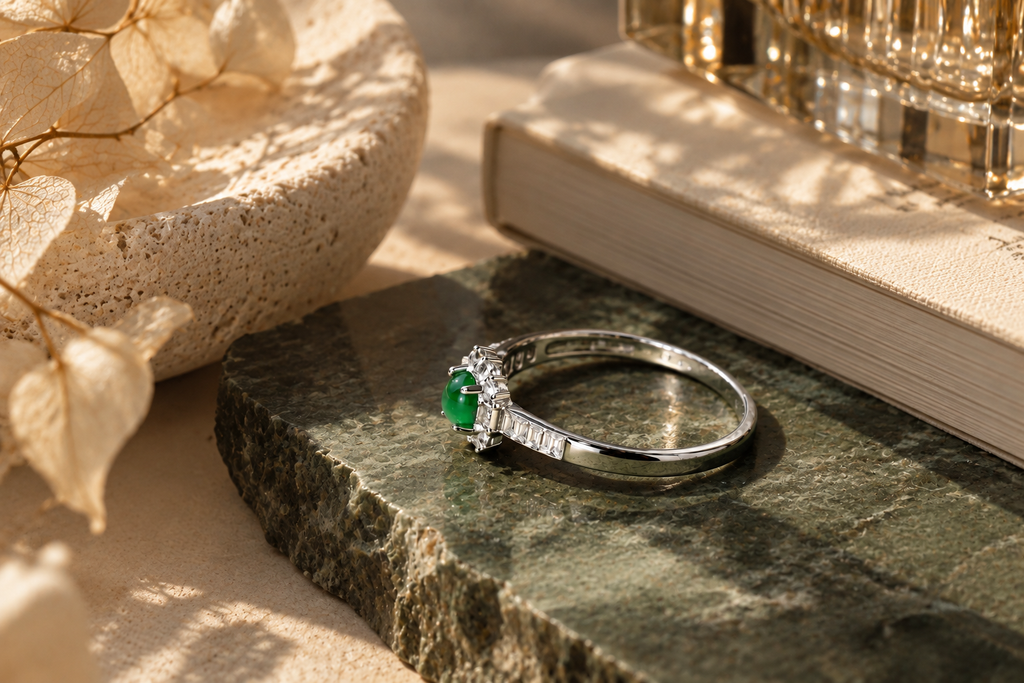 Jadeite Jewelry 03 ring side view on green stone