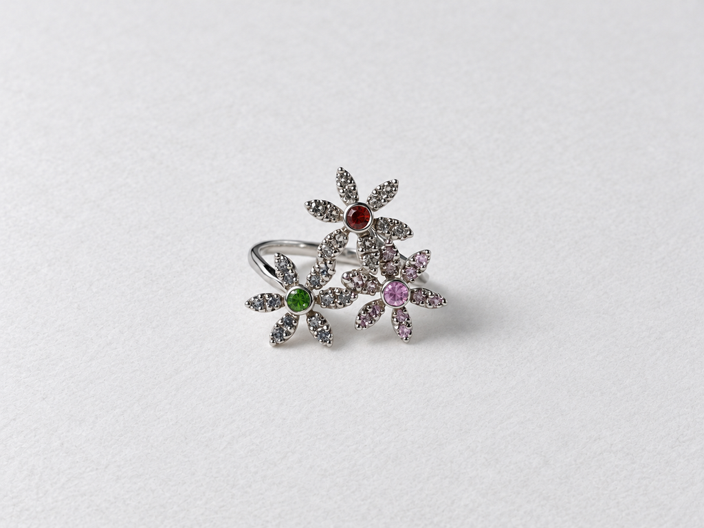 Multicolor floral silver ring view 1