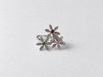Multicolor floral silver ring view 1