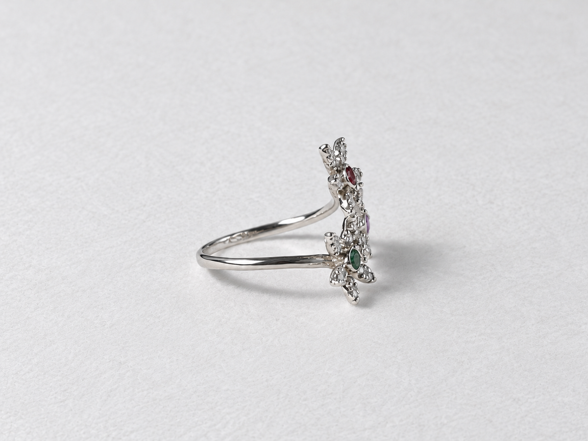 Multicolor floral silver ring view 2