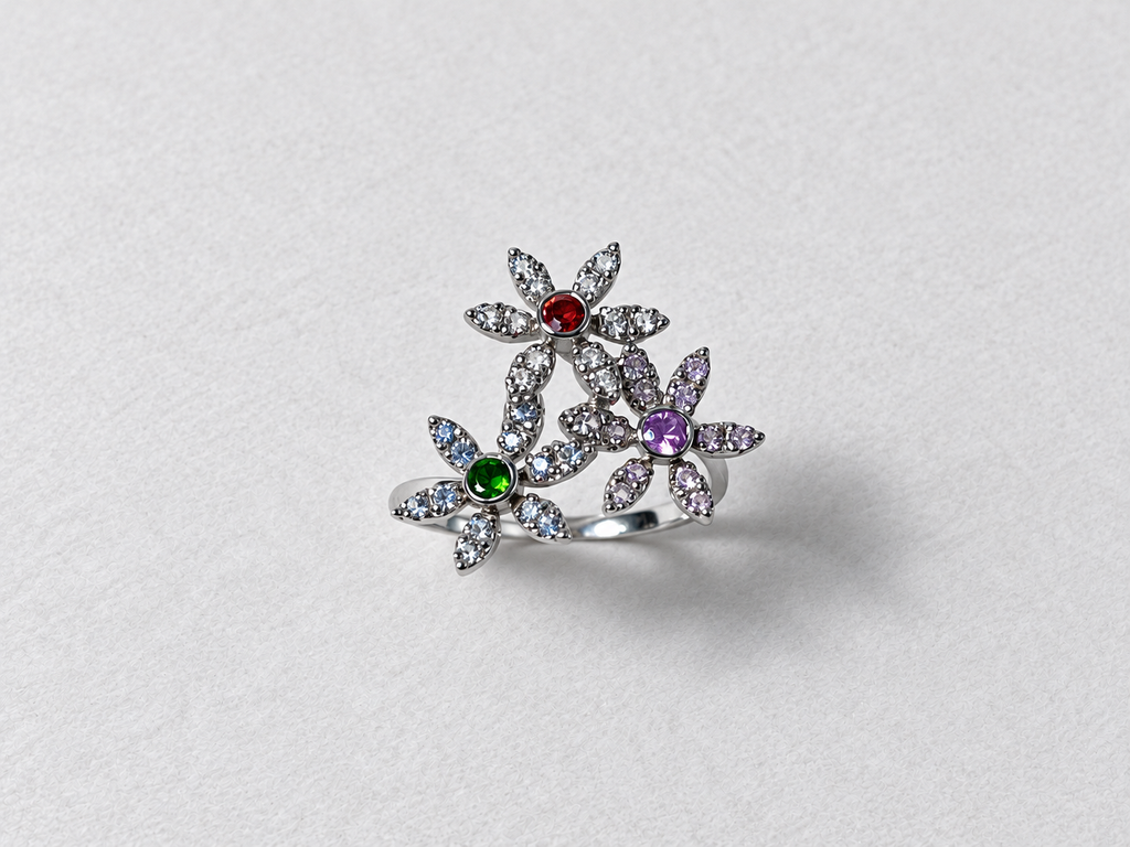 Multicolor floral silver ring view 3