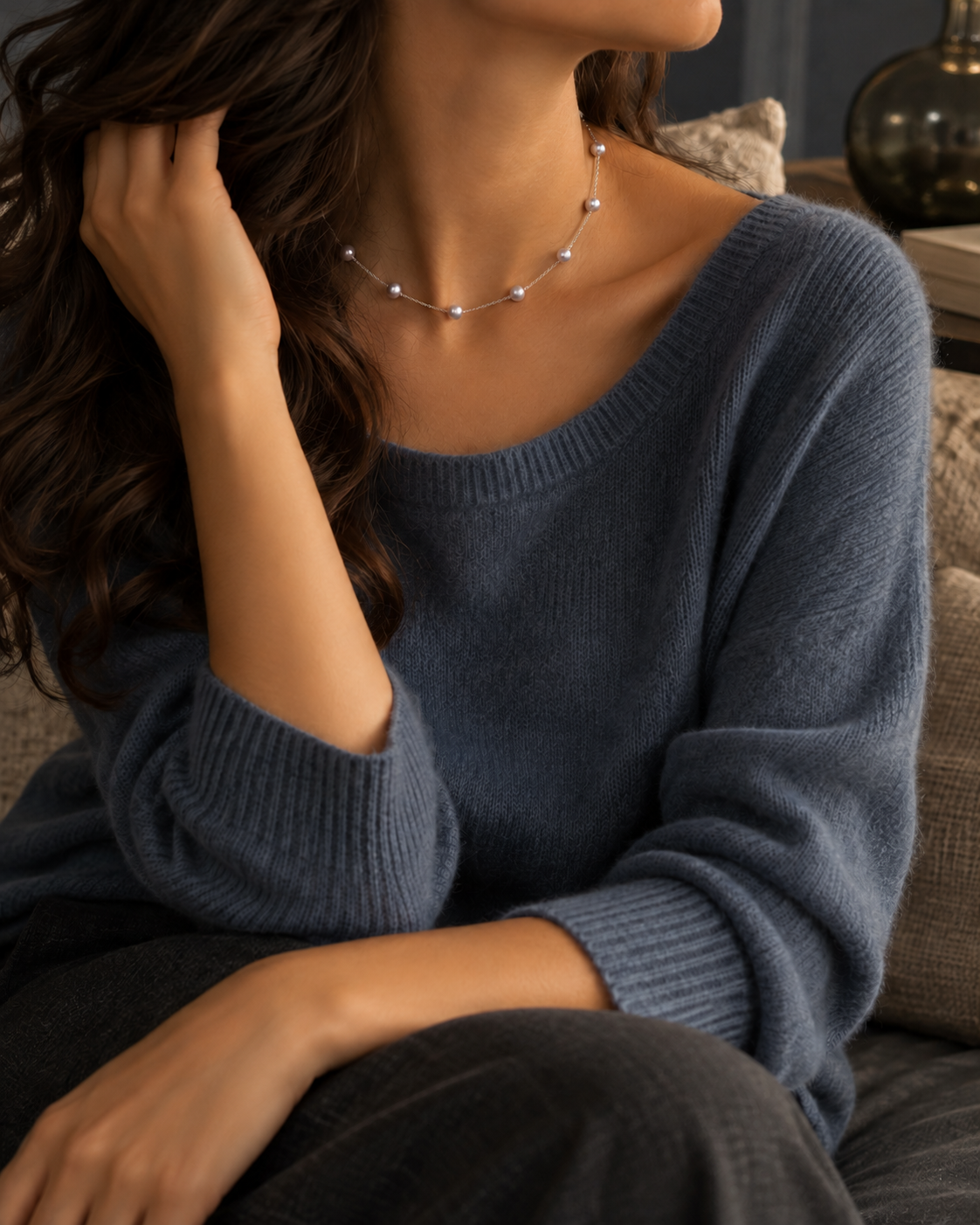 Pearl Jewelry 03 worn with blue knit