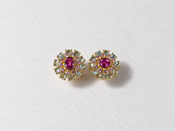 Pink blue floral gemstone gold earrings view 1