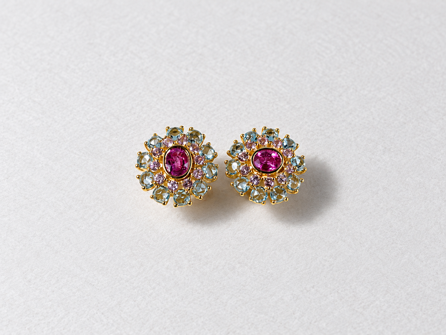Pink Blue Floral Gemstone Gold Earrings