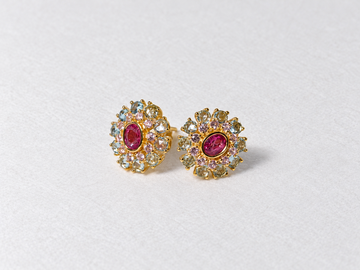 Pink blue floral gemstone gold earrings view 2
