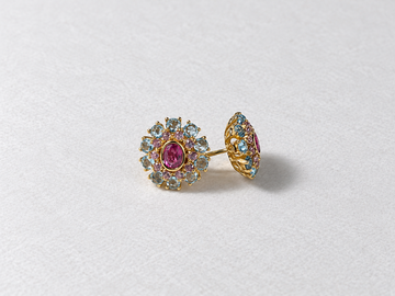 Pink blue floral gemstone gold earrings view 3