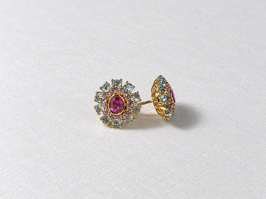 Pink Blue Floral Gemstone Gold Earrings