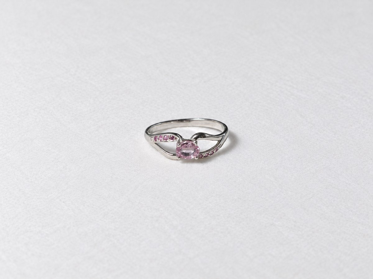 Pink center stone silver ring view 1