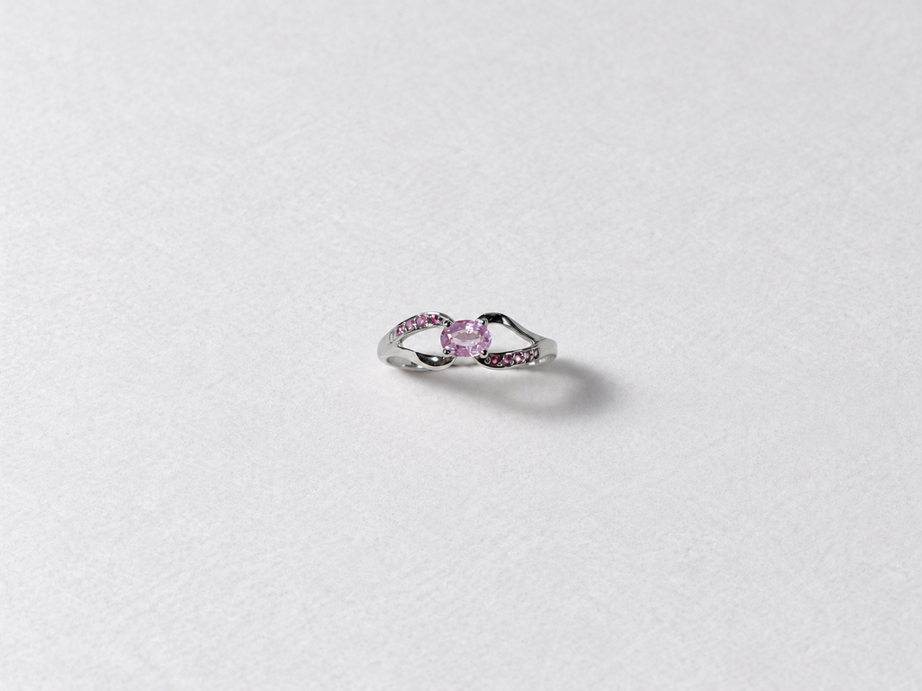 Pink center stone silver ring view 3