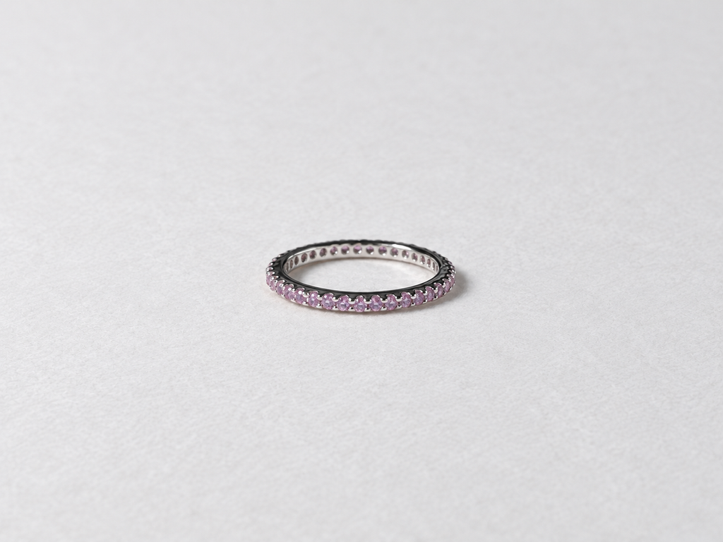 Pink gemstone eternity silver ring view 1