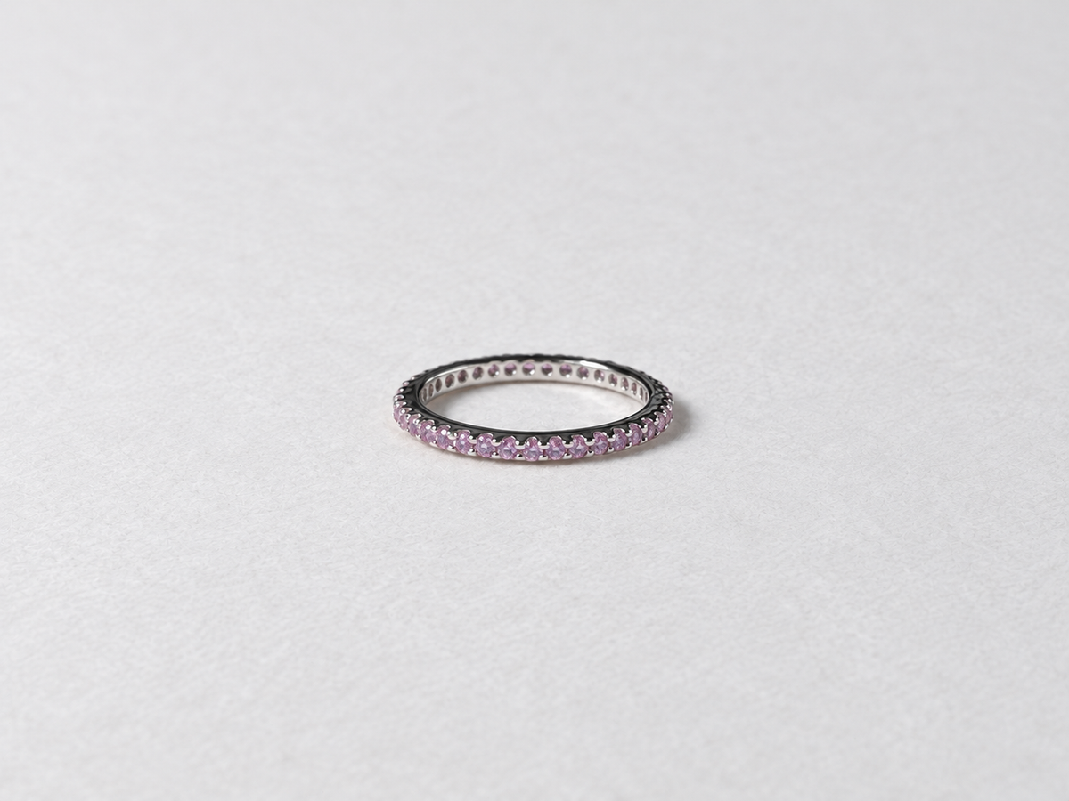 Pink gemstone eternity silver ring view 1