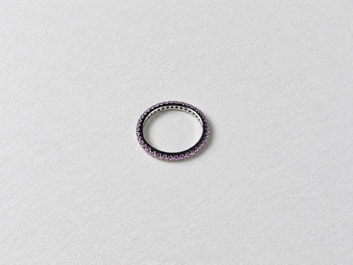 Pink gemstone eternity silver ring view 2