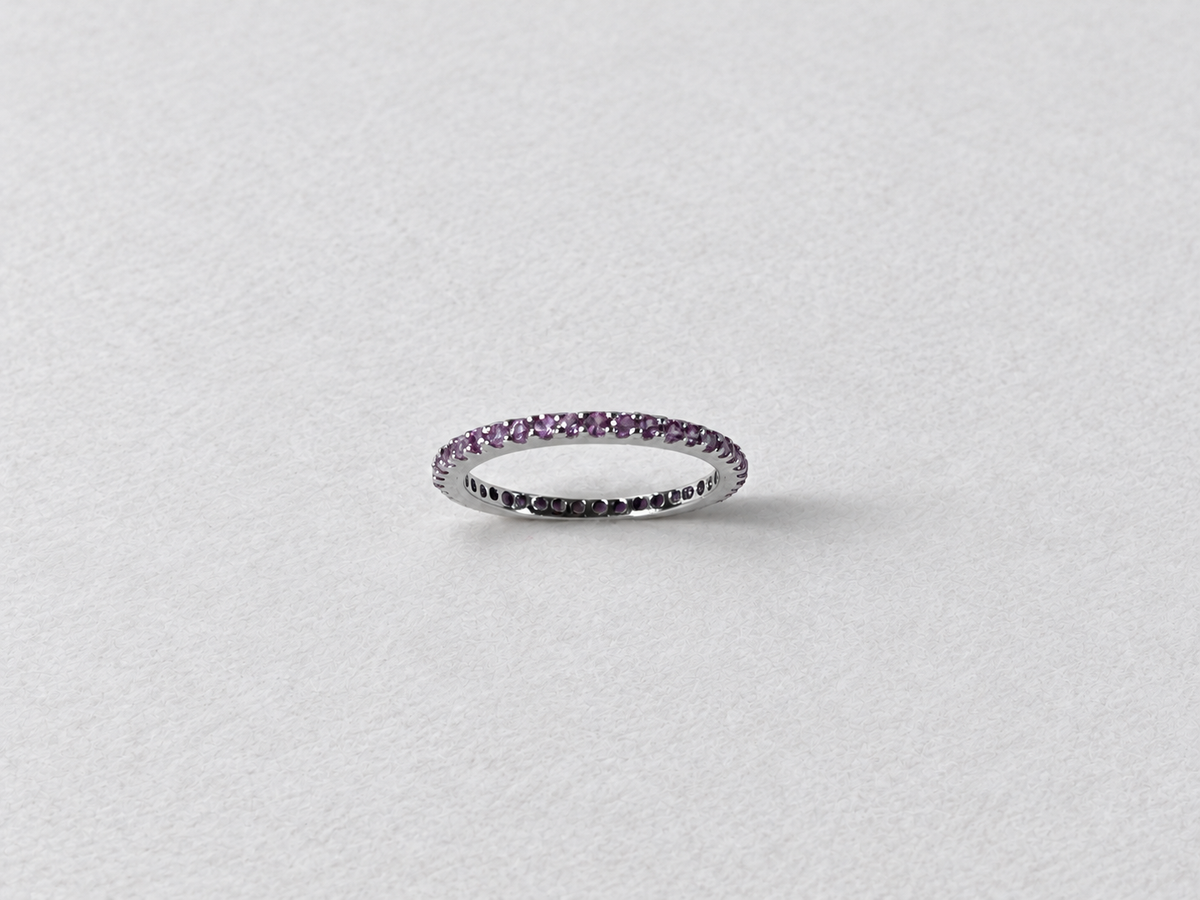 Pink gemstone eternity silver ring view 3