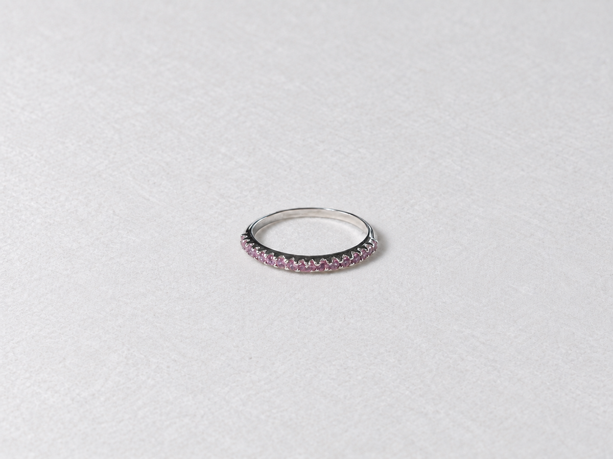Pink gemstone eternity silver ring view 4