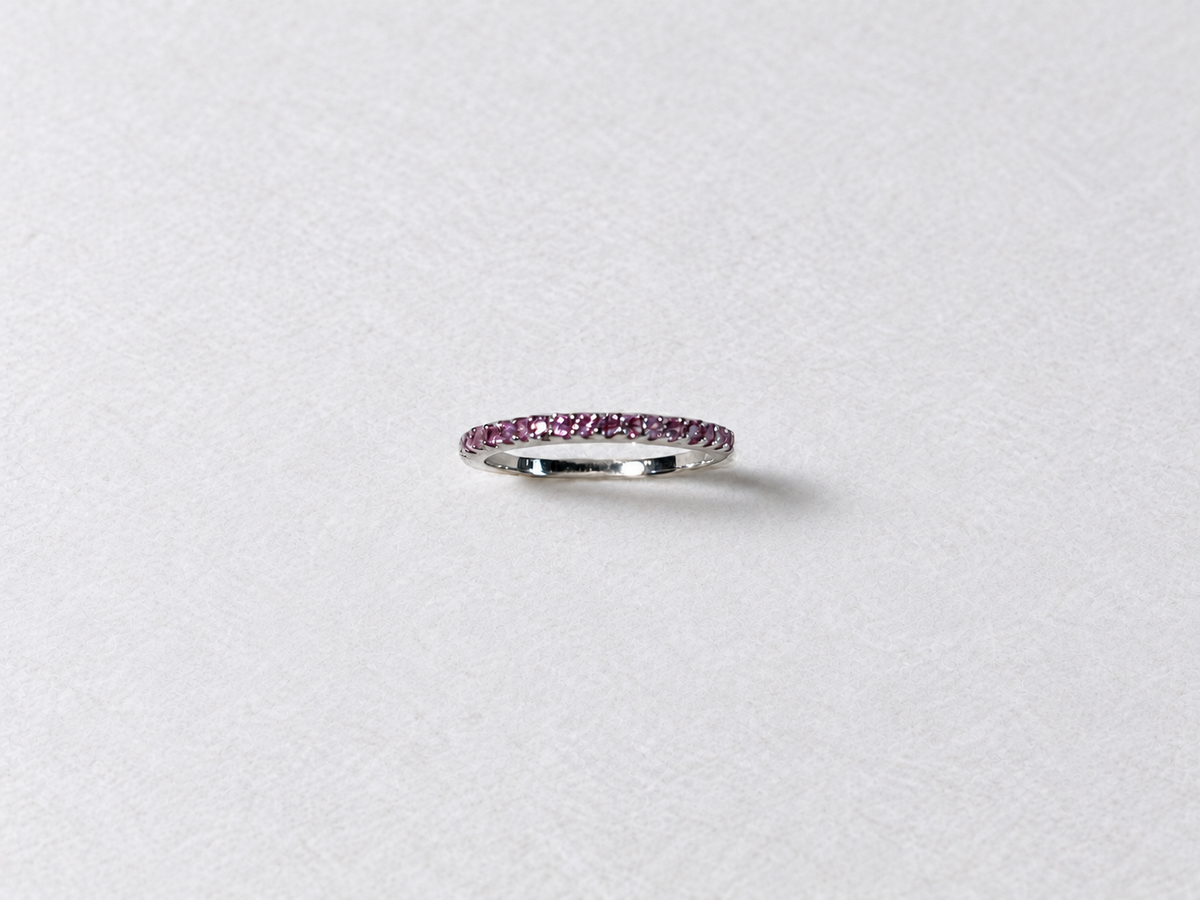 Pink gemstone eternity silver ring view 6