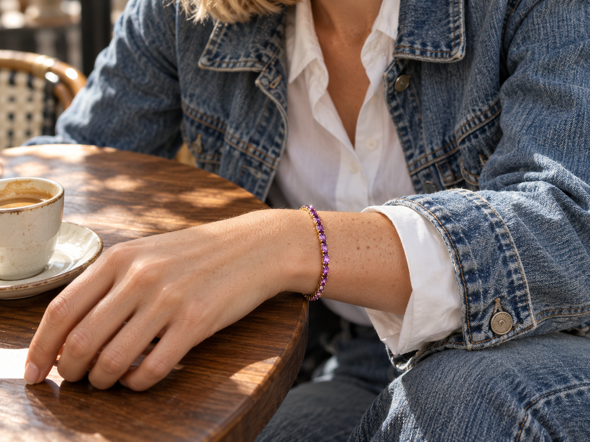 Pink gemstone gold bracelet lifestyle photo 4