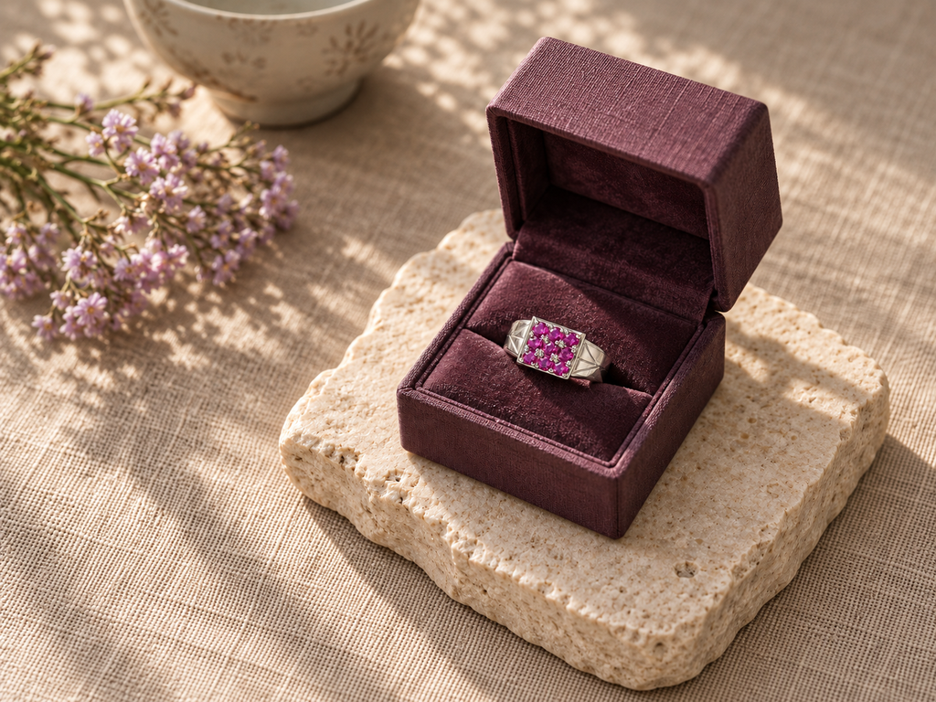 Pink gemstone silver ring lifestyle photo
