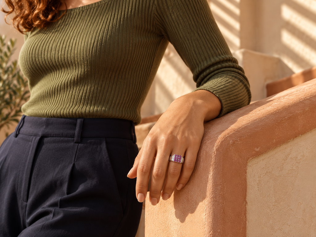 Pink gemstone silver ring lifestyle photo