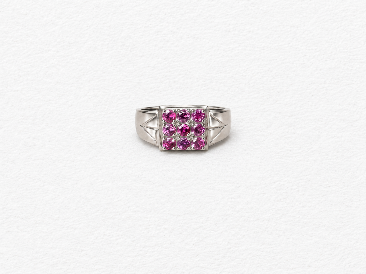 Pink gemstone silver ring front view