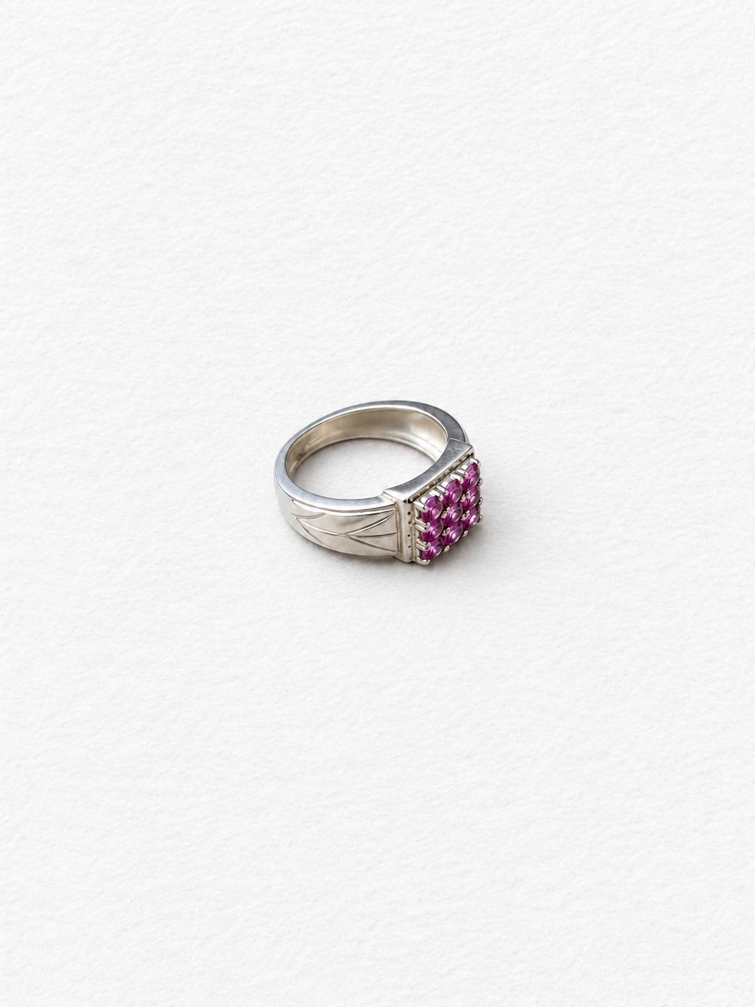 Pink gemstone silver ring side view