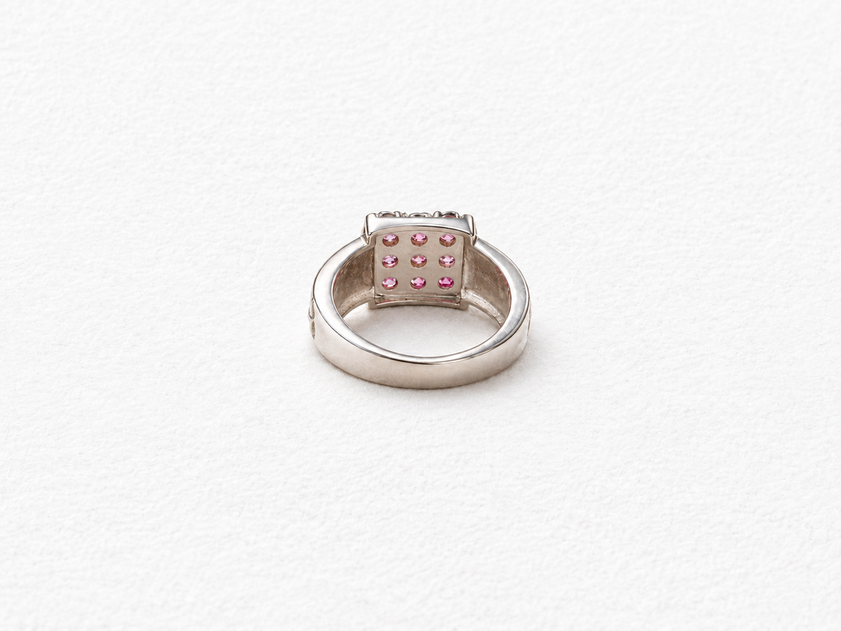 Pink gemstone silver ring back view