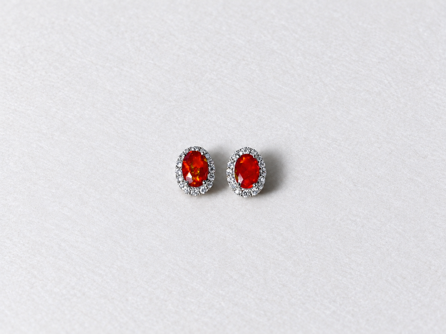 Red Oval Gemstone Halo Silver Stud Earrings