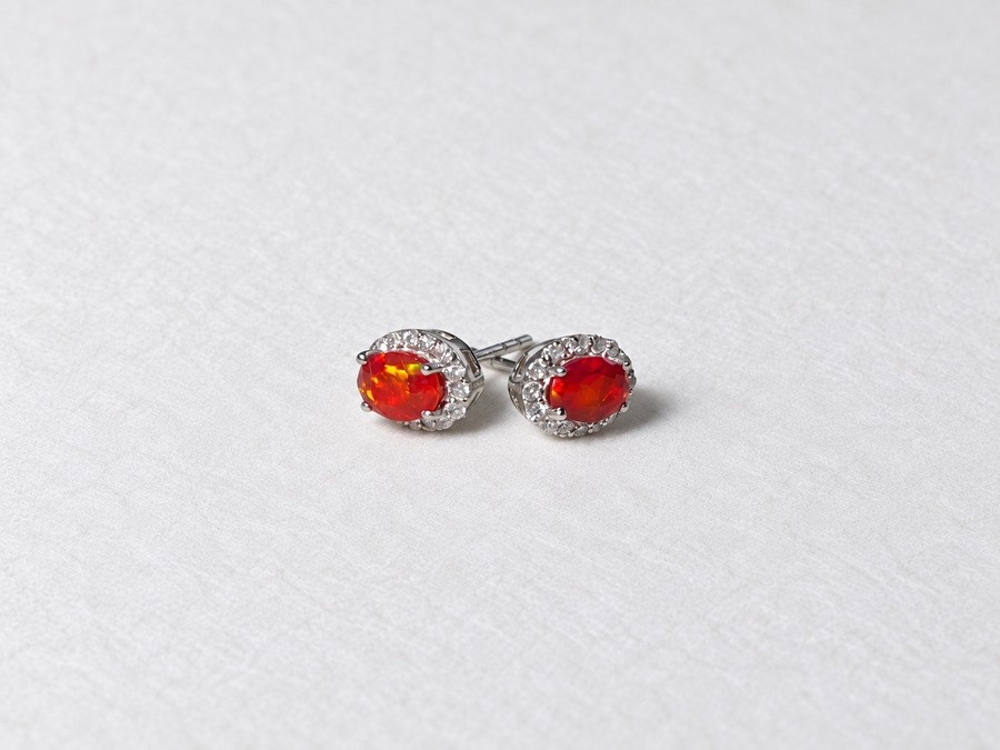 Red Oval Gemstone Halo Silver Stud Earrings