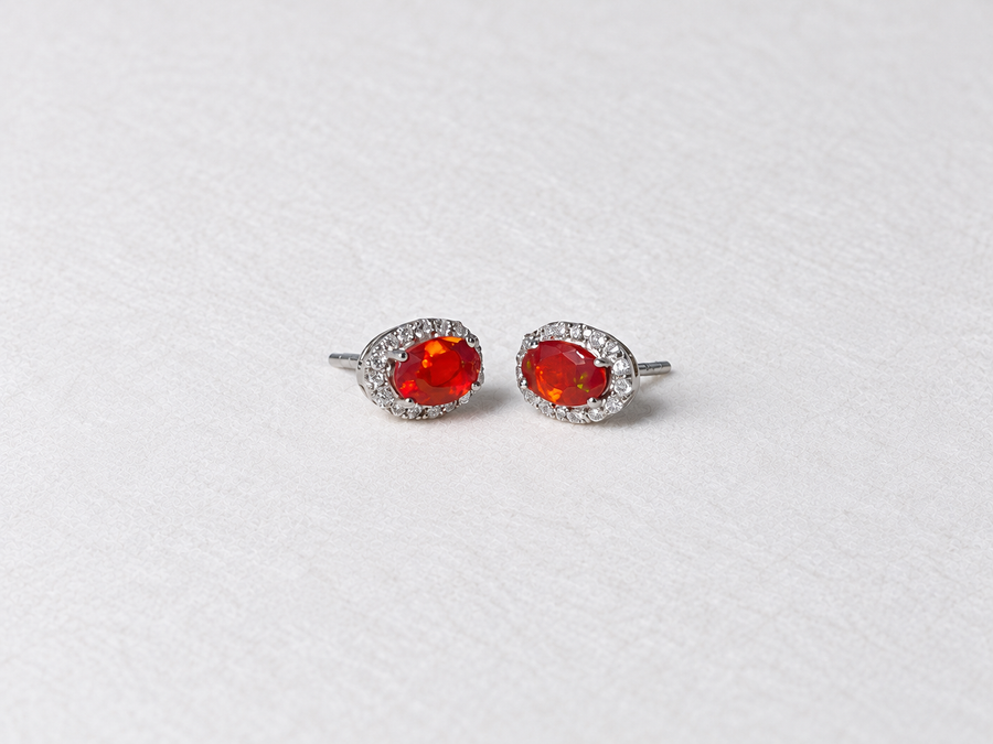 Red Oval Gemstone Halo Silver Stud Earrings