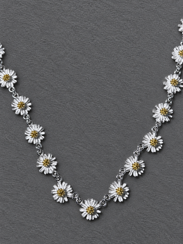 Silver daisy long necklace