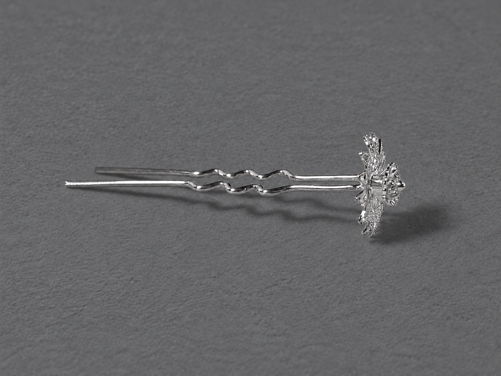 Silver floral hairpin side view
