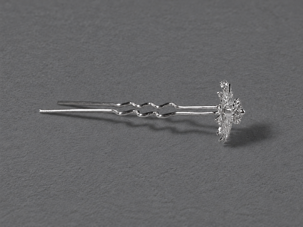 Silver floral hairpin side view