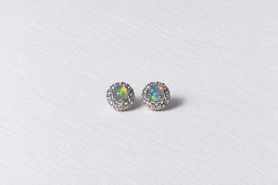 White Opal Halo Silver Stud Earrings