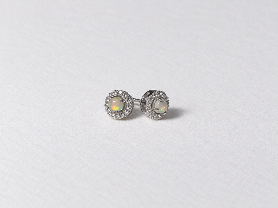 White Opal Halo Silver Stud Earrings