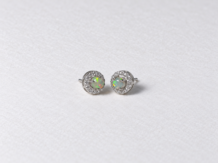 White Opal Halo Silver Stud Earrings
